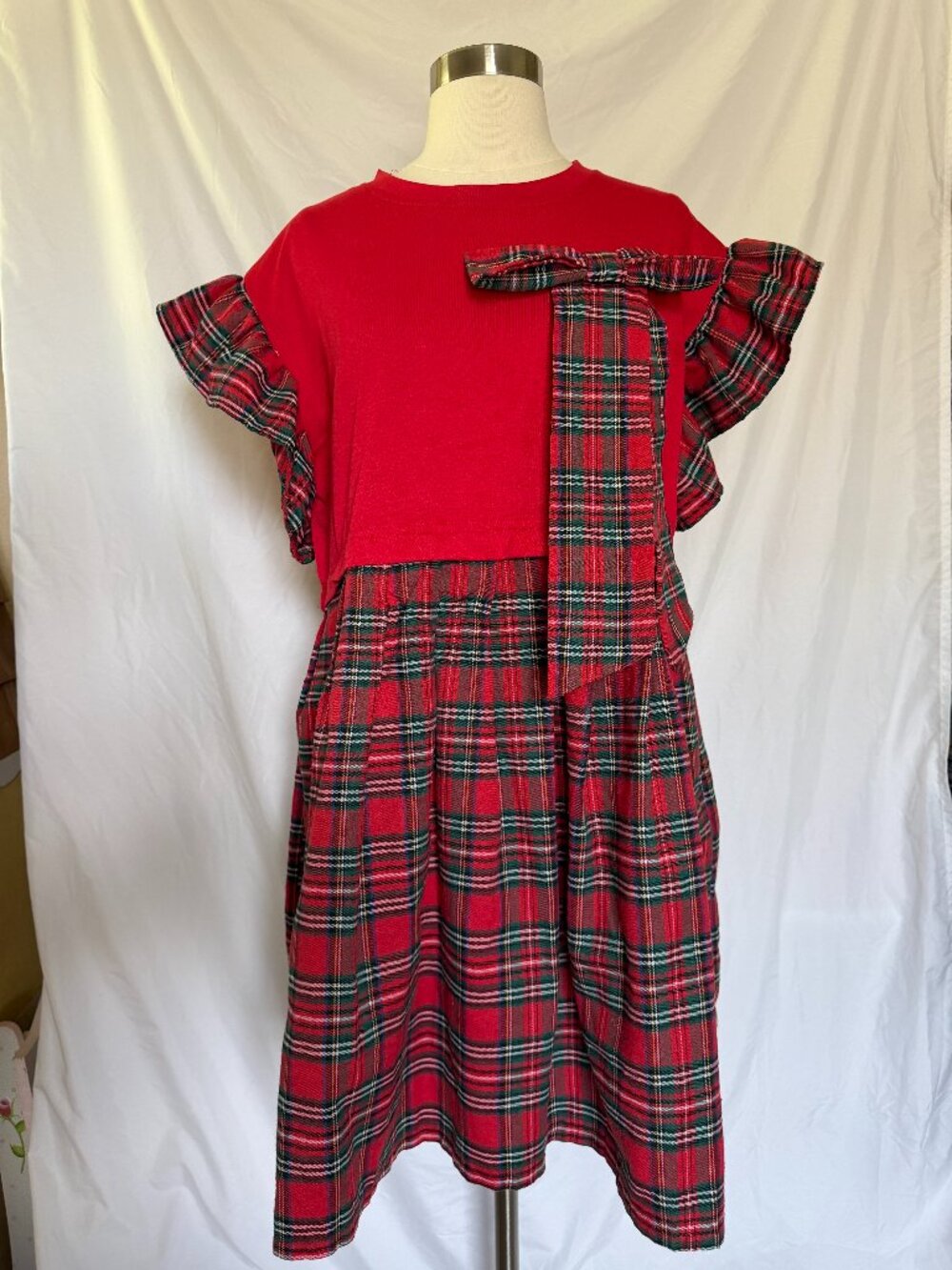 Christmas Red and Plaid Knee Length Dress with a Bow